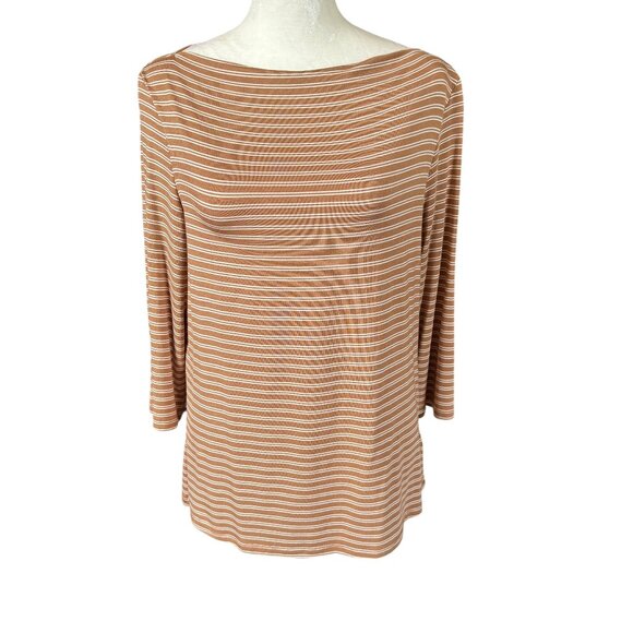 Nicole Miller camel and white striped 3/4 sleeve boat neck top women's size L - Picture 1 of 7